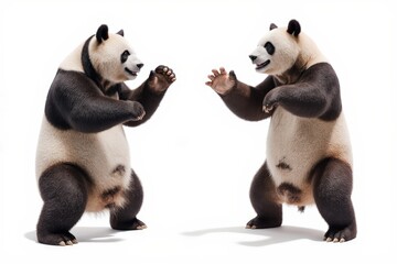 Pandas' Playful Interaction: Two giant pandas engage in a lively and joyful interaction, their distinctive black and white coats a striking contrast.