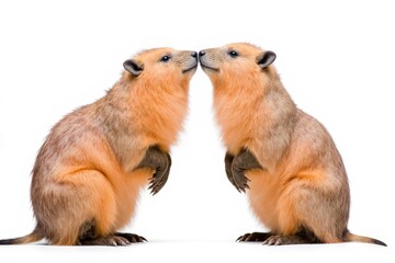 Affectionate Beavers: Two charming beavers, their warm fur glistening, share an intimate moment, nose-to-nose, epitomizing the simple beauty of wildlife bonding and companionship.