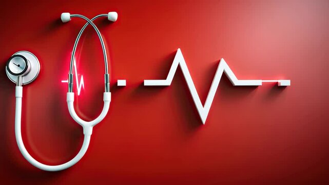Healthcare display with stethoscope and heartbeat chart on vibrant red background illustrating medical professionalism