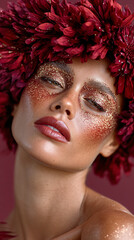Luxury Glitter Beauty Portrait with Deep Red Petal Crown – Fashion Makeup Close-Up for Fall Editorial