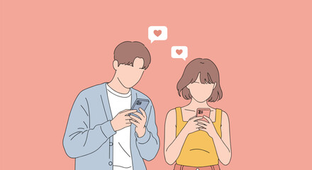 Young Couple Texting Vector Illustration, Love Message Communication, Smartphone Interaction Concept, Social Media Romance, Digital Relationship, Cartoon Style, Heart Emojis Design