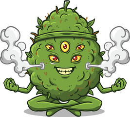 Meditating Green Multi-Eyed Creature Vector Illustration, Fantasy Character Smoking, Surreal Relaxation Concept, Cartoon Style Art, Whimsical Design, Calm Mood Scene