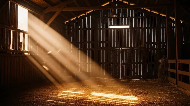 Sunbeams in rustic barn interior golden light and wooden texture