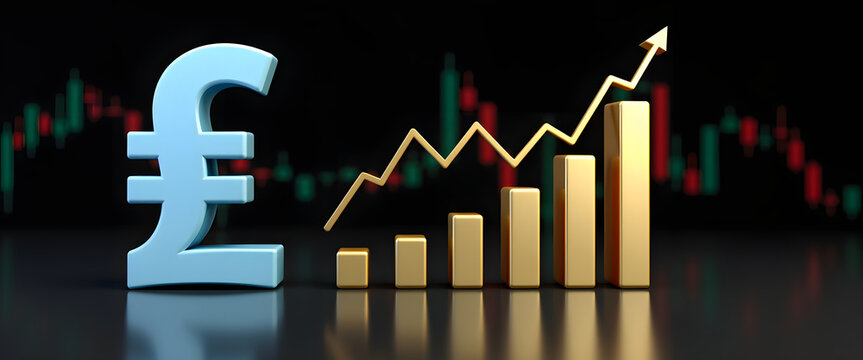 British pound symbol with a rising financial chart, representing financial growth.