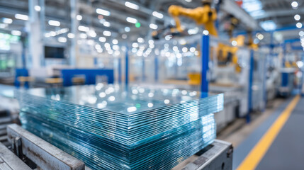 Transparent glass panels of different thicknesses stacked near lamination machinery, reflections on the surface mirror the robotic precision of the production line