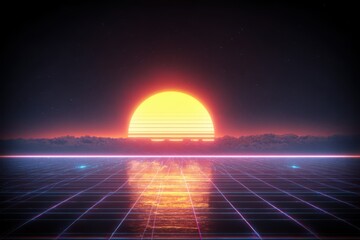 A vibrant digital image featuring a neon retro grid horizon with a stunning sunrise vapor in the background, creating a mesmerizing sunset scene.