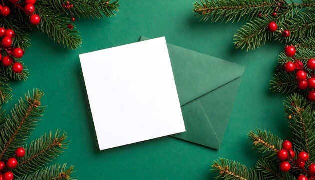 Festive Holiday Card Mockup with Evergreen Branches and Red Berries on Green Background - Powered by Adobe