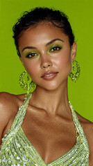 Glamorous Woman with Green Glitter Makeup and Silver Dress on Neon Background – Party Fashion Portrait