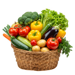 Assorted organic vegetables and fruits arranged in a wicker basket isolated on white or transparent background. PNG format. © Reyhanna