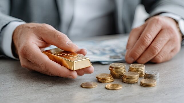 Businessman holds a gold bar while displaying coins, symbolizing investment strategies and wealth management during a financial review