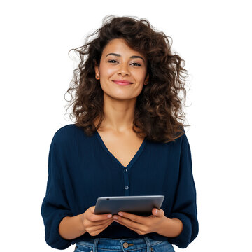 Smiling young Hispanic woman holding tablet computer, dressed casually, isolated on white or transparent background