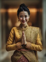 Thai woman in traditional dress greeting guests in hotel lobby