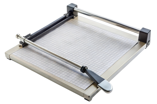 Modern paper guillotine trimmer with grid markings on the base and a silver cutting arm isolated on transparent background - Powered by Adobe