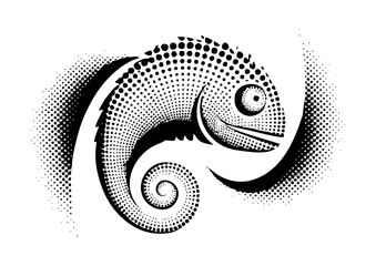 Stylized black and white chameleon illustration with dotted texture
