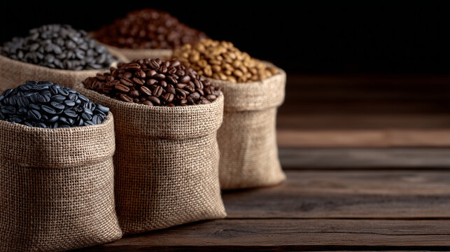 Assortment of coffee beans in rustic burlap sacks placed on wooden floorboards, light playing on the glossy and matte surfaces of beans, conveying freshness and quality for a premi