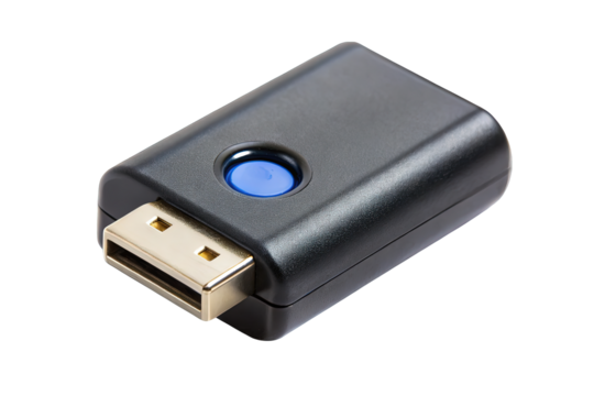Modern black usb dongle with a blue button and gold connector isolated on transparent background for technology and connectivity concepts