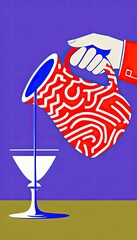 Bold Pop Art Illustration of Hand Pouring from Red Jug into Glass