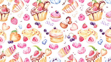 Watercolor Sweet desserts pattern on white background

