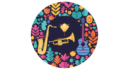 Celebrate the vibrant world of music with diverse instruments and artistic floral decorations