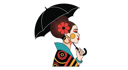 Elegant woman adorned with a black umbrella and vibrant accessories demonstrating artistic flair and cultural expression