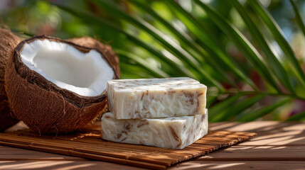 Spa scene featuring artisanal coconut oil soaps arranged beside a fresh coconut half on bamboo mat, warm sunlight filtering through tropical foliage, conveying pure and gentle body