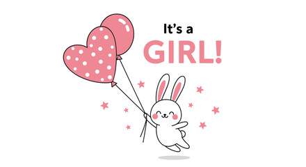 Adorable white bunny holding pink heart balloons celebrating a new baby girl announcement