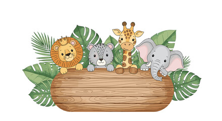 Adorable watercolor safari animals on a rustic wooden sign surrounded by lush green jungle leaves for a wild birthday party invitation © Sarah