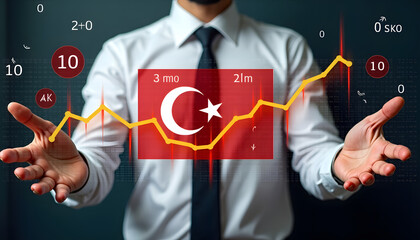 Businessman presenting a financial chart with the Turkish flag, representing economic data and business growth.