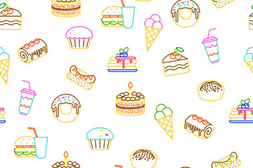 Seamless pattern with different icons of cakes, desserts, fast food and drinks. Vector
