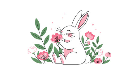 A cute white rabbit enjoys a pink flower in a garden full of green leaves and pink blossoms