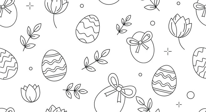 Charming doodle pattern featuring easter eggs flowers and twigs for festive celebrations and springtime designs - Powered by Adobe
