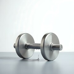 Fototapeta premium Metallic dumbbell resting on a surface with water droplets, fitness and exercise concept emphasizing healthy lifestyle and strength training.