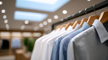 Obraz premium Minimalist boutique showcasing a line of well-tailored shirts in soft blue, crisp white, and dove grey, wooden hangers creating organic contrast under diffused daylight streaming f