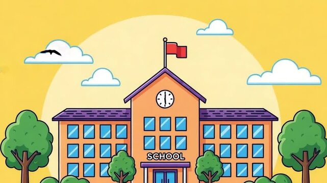 School Building Vector Illustration with Trees and Clouds Animation