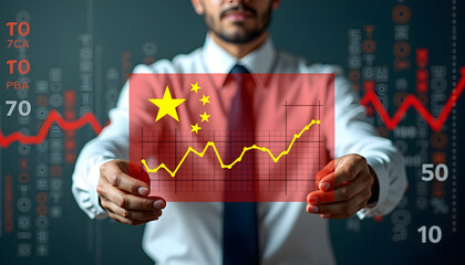 Businessman holding a chart superimposed on the Chinese flag, representing economic growth.