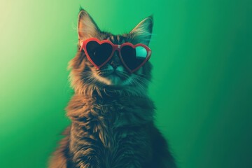 Close-up of fluffy cat in heart-shaped pink sunglasses on vibrant green background. Humorous concept. Bold colors. Fashionable pet moment. Quirky and playful vibe. Fun, pets, humor. Copy space