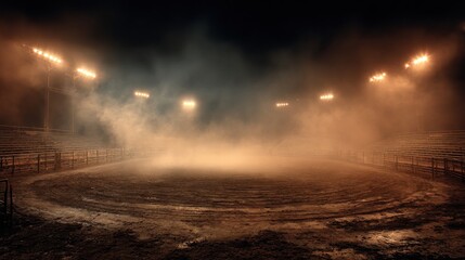 Stunning photo of desolate rodeo arena illuminated by bright lights and lingering smoke. Concept Rodeo Arena, Bright Lights, Smoke, Desolate Setting.