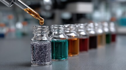 scientist carefully transfers a drop of amber liquid into a clear vial, positioned among a series of colorful glass vials, all containing different solutions in a bright research laboratory