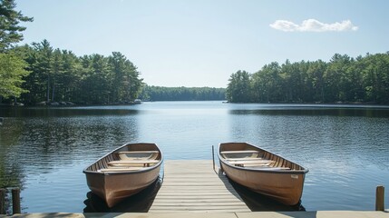 Obraz premium Two wooden rowboats rest on a tranquil lake dock, surrounded by lush greenery under a clear sky. Peaceful summer scene