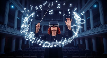 Conductor with a VR headset leading a virtual orchestra of glowing musical notes. (AI Generated)