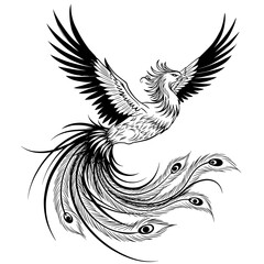 Obraz premium Mythical phoenix bird flying with elegant feathered tail design in Asian style
