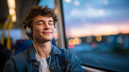 Warm light from sunset bathes a young man wearing headphones, eyes gently closed, lips curved in smile, sitting by bus window as city blurs softly outside