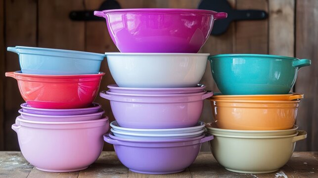 Stacking colorful kitchen bowls in varying shades, showcasing preparation utensils against a rustic wooden wall, portraying domestic food preparation, and organization - Powered by Adobe