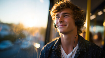 Side view of young man with headphones smiling contentedly, eyes closed, bathed in warm golden hour light streaming through bus window, capturing quiet joy of travel