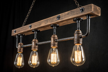 shows a vintage-inspired hanging light fixture with a wooden beam and four exposed filament bulbs, connected by metal pipes against a black background.