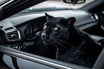 A black panther is sitting inside a car, looking out the window with its piercing yellow eyes. The car's interior, including the dashboard and vent, is visible in the background.
