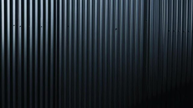 Dark ribbed metal wall, textured backdrop with vertical lines, modern architecture and building material background.