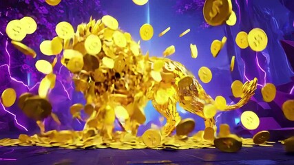 A monstrous lion made entirely of flowing gold coins and moving dollar signs ($), roaring in slow motion as coins explode from its mane, neon jungle in background, NFT predator-of-profit visual loop