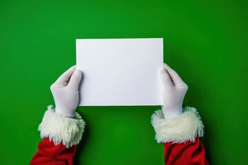 Top view of Santa Claus hands holding blank white paper on vibrant green background. Red velvet sleeves with white fur cuffs and white gloves. Christmas theme. Copy space. Mockup, holiday concept