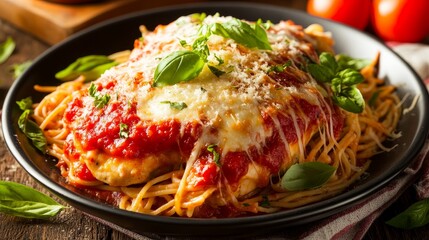 Crispy breaded chicken parmesan smothered in melted cheese and rich tomato sauce, served over spaghetti with fresh basil garnish